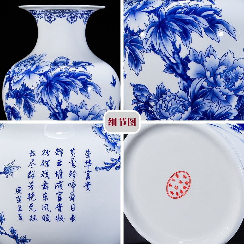 Kinesisk stil jingdezhen blå og hvid porcelæn vaser fine ben porcelæn vase pæon dekoreret keramik vase