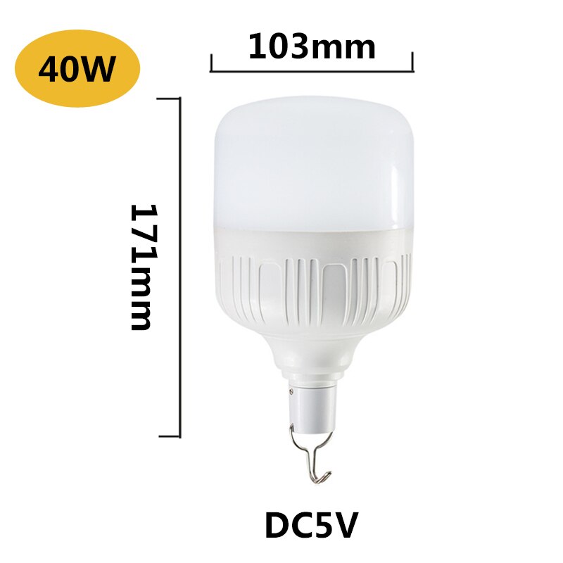 Usb nødlys 50w 40w 30w 20w ledet pære med krok 3 moduser dimbar oppladbar campinglampe til nattmarkedsfiske: 40w