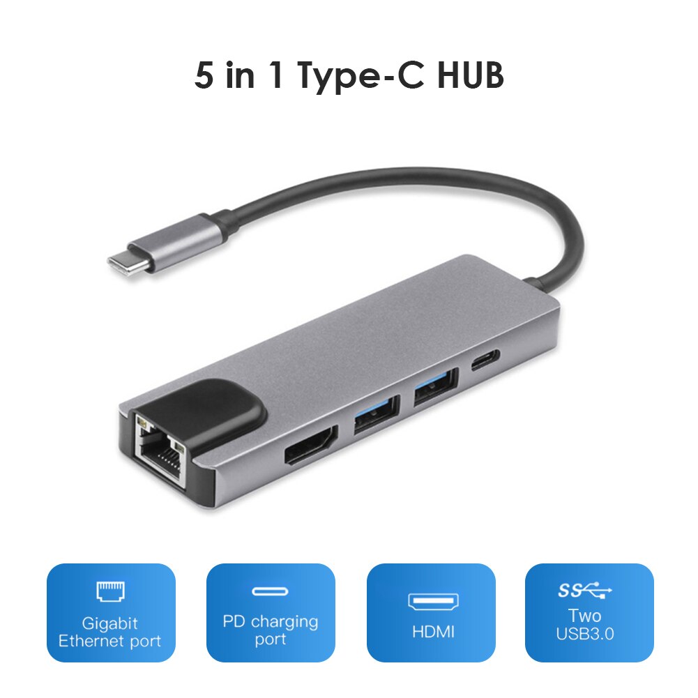 Erweiterung Konverter Adapter Koppler Typ C Docking Bahnhof 5 in 1 Hub Konverter 4K HDMI-kompatibel 2 USB 3,0 LAN RJ45 Adapter