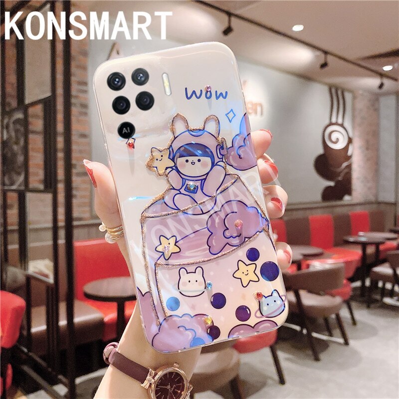 KONSMART Phone Case OPPO Reno5 Lite Glitter Rhinestone Silicone Blue Light Cute Back Cover Reno 5lite Softcase Fundas: Wine glass girl