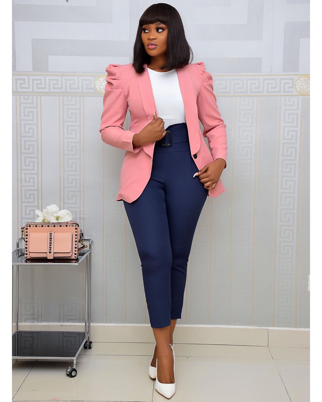 Kvinnor kavaj kontor dam ytterkläder långärmade arbetskläder stilig kvinnlig rosa kostym afrikansk modest plus size höst: Rosa / L