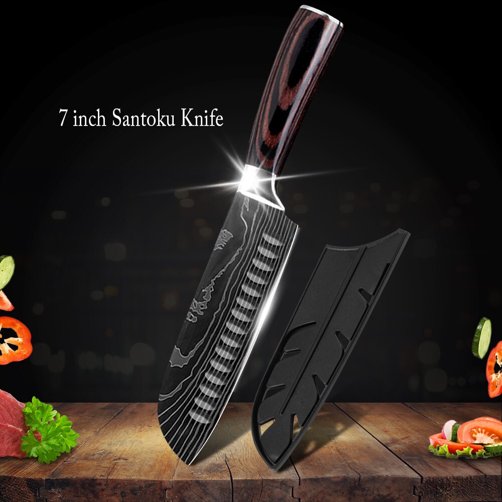 Zemen 7 cr 17 rustfrit stål kokkekniv sæt & sliber saks damaskus venes køkkenknive værktøj og 12 lommer kniv rulle taske: 7 in santoku kniv