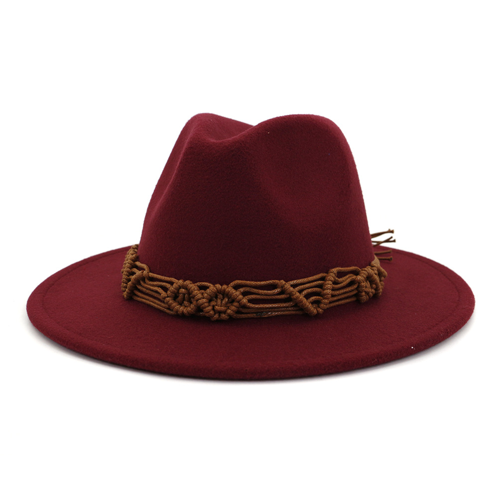 HanXi Women Hat Wool Fedoras Felt Hat Flat Brim Cap Twist Band: redwine