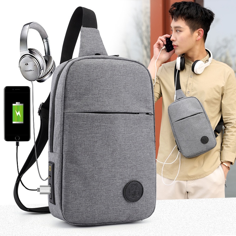 Multi-functional Crossbody Bag Casual Gray Chest Bag with USB fanny pack belt bag