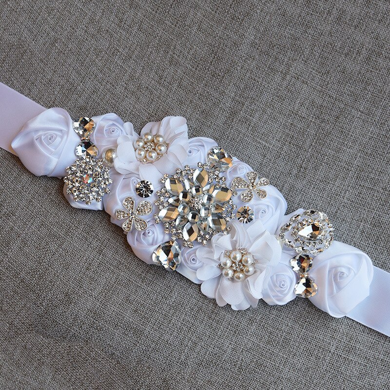 Cinturones de boda de cristal, apliques de flores de satén, banda de diamantes de imitación, accesorios de boda, cinturón de novia