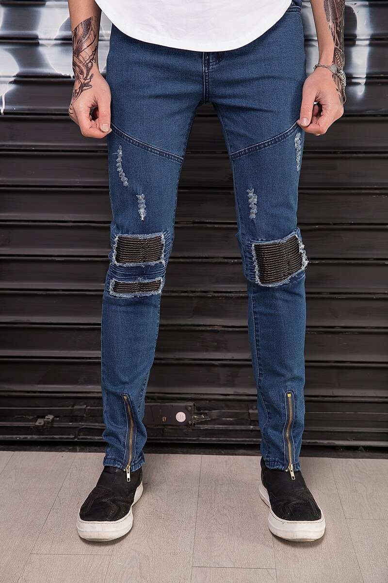 Mænd biker jeans revet læder patchwork lynlås hip hop skinny nødlidende denim bukser streetwear herre bukser – Grandado