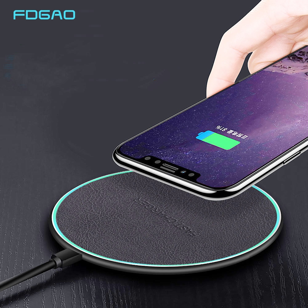 FDGAO-cargador inalámbrico Qi de cuero para móvil, almohadilla de carga rápida de 10W, para iPhone 11, 8, X, XR, XS, QC 3,0, Samsung Note 10, 9, S10, S9