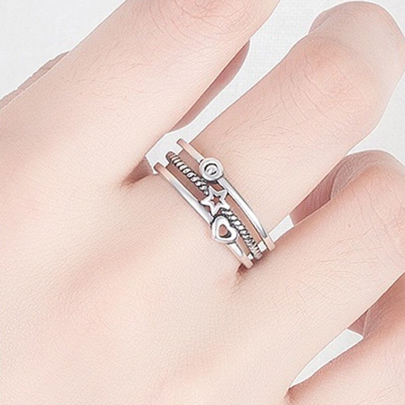 925 Sterling Silber Ring Hohl Frau Modeschmuck Einstellbare Ring retro Herz geformt thailändisch Silber Schwarz