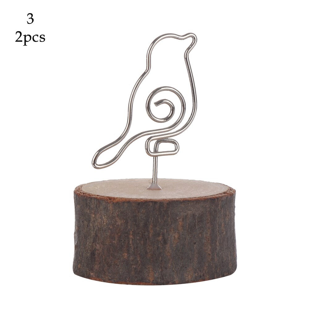 2PCs Wooden Photo Stand Memo Name Cards Holder Retro Wood Bark Cartoon Clips DIY Photo Iron Clip Wedding Party Christmas Decor: 2pcs-Bird