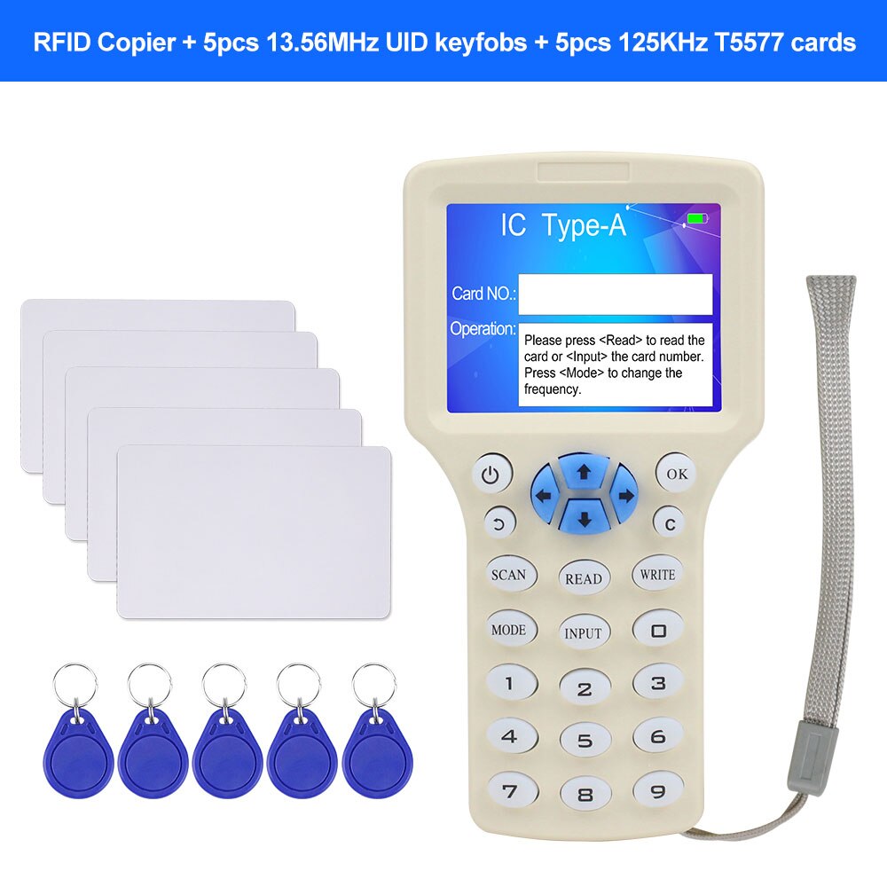 English 10 Frequency RFID Duplicator Copier Writer Card Reader Key fobs Programmer USB ID IC 125KHz 13.56MHz Encrypted Decode: RFID Copier Key Card