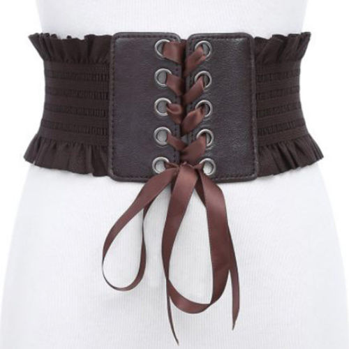 Womens Lady Stretch Buckle Waist Belt Wide Lace Leather stitching cross strap elastic Corset Waistband: Brown