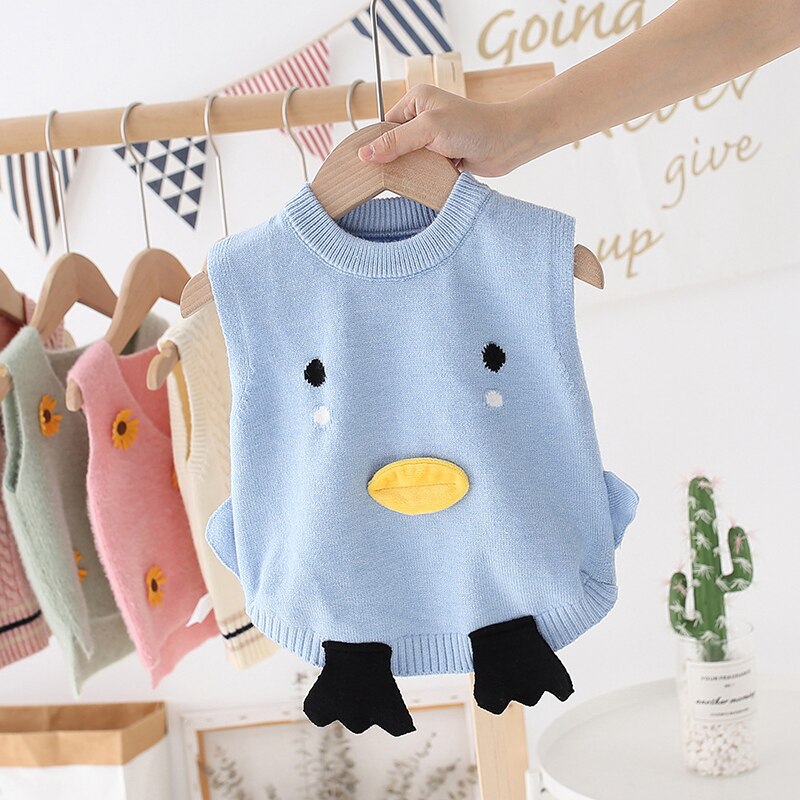 Unisex Baby Cartoon Duck Knitted Vest Kids Sweater Toddler Boy Girl Pullover Child Jacket Fall Clothes Tops: 88205-blue / 5T