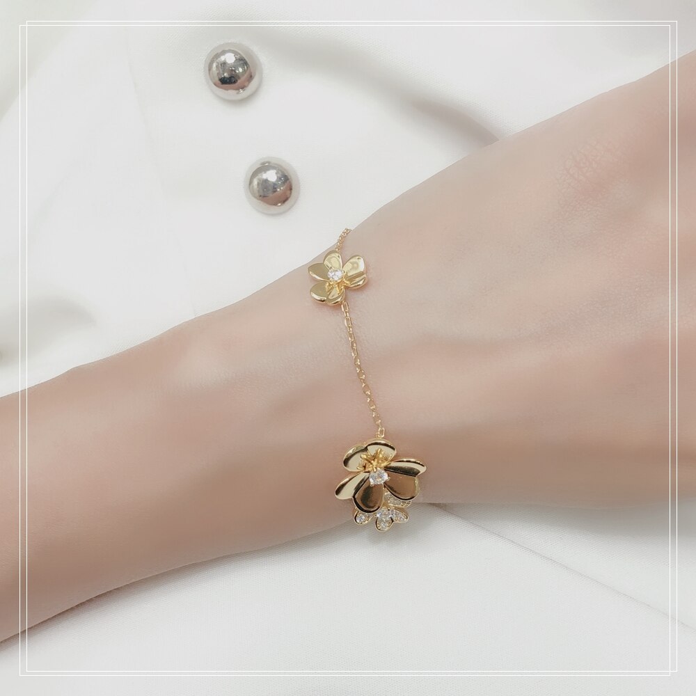 S925 argent sterling plaqué 18 carats or trois fleurs dames bracelet de la fleur d'or
