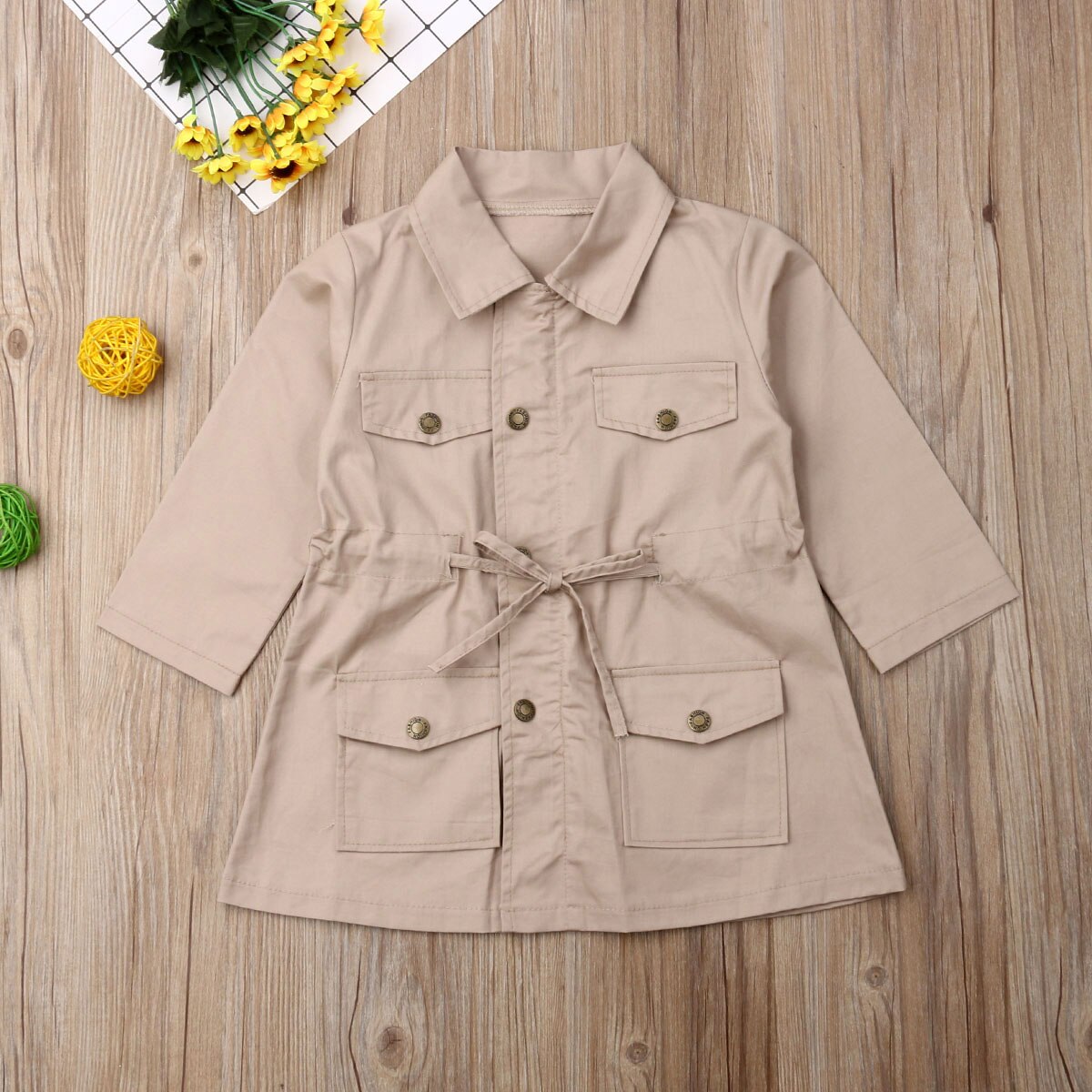 niños niñas otoño solapa cuerno manga larga cortavientos niño Casual abrigos ropa: Khaki / 7 años