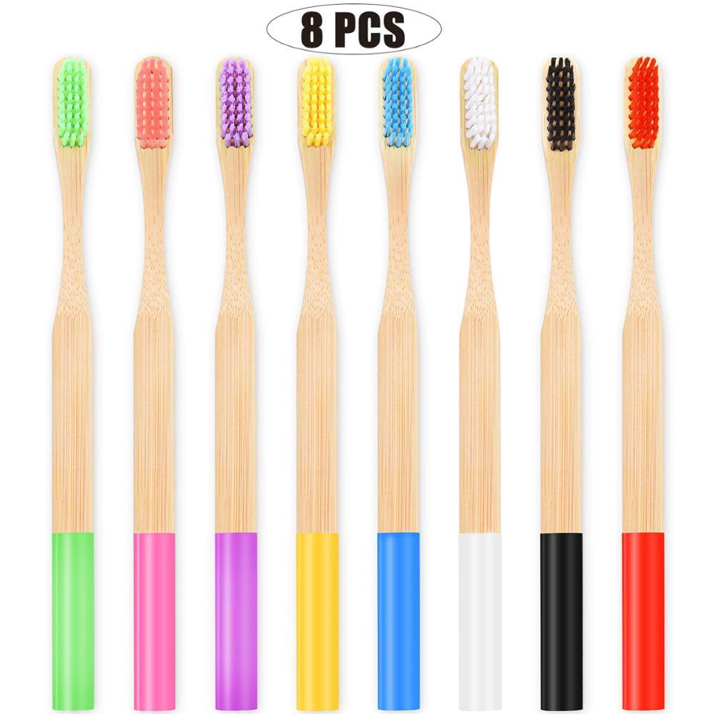 8 natural bamboo toothbrushes, adult and child combination, round bristles with soft bristles, each box is easy to carry: 8pcs adult size