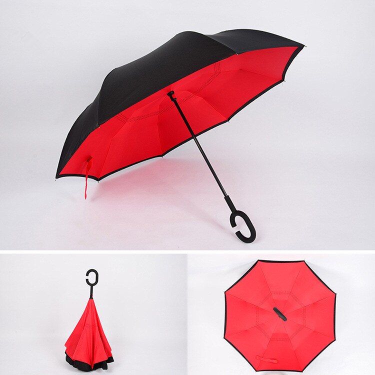 Windproof Reverse Folding Double Layer Inverted Umbrella Self Stand umbrella rain/sun women/men flowe durable: red