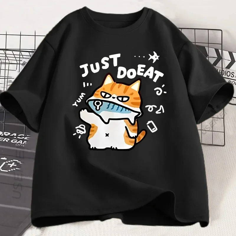 Engraçado gato comer peixe camiseta para mulheres verão topos camisetas o pescoço roupas femininas streetwear manga curta t camisa