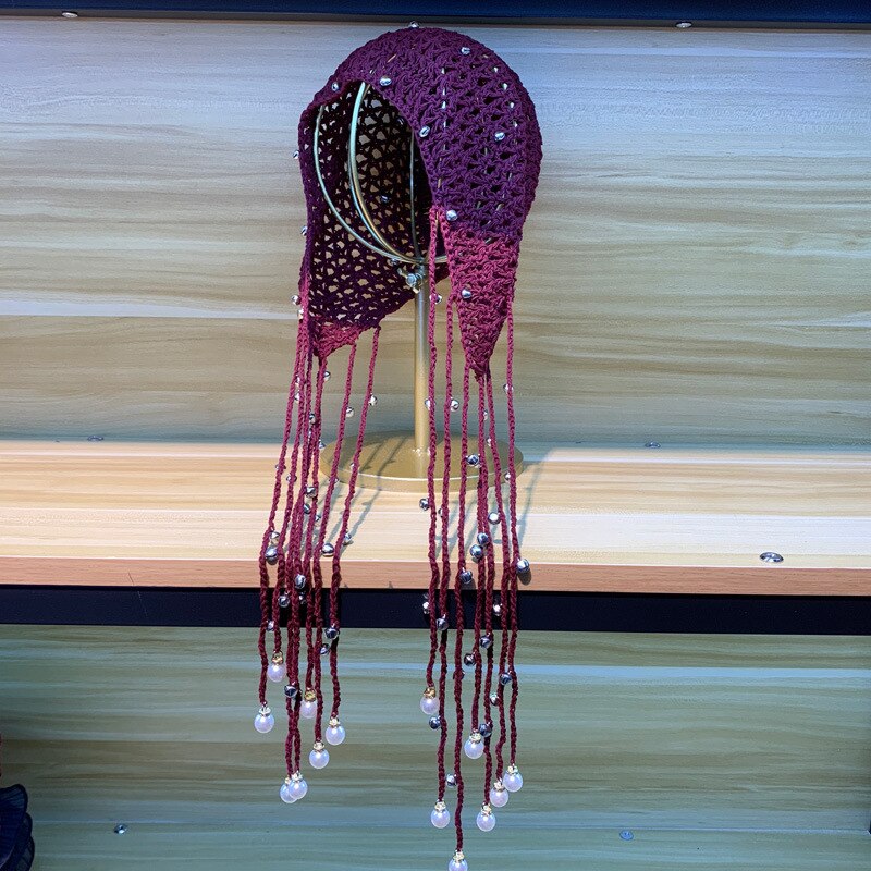 Gorro de punto de para mujer, gorro de ganchillo con perlas, Vintage, con borlas, para todas las estaciones, ZZ-386: 7 Bell