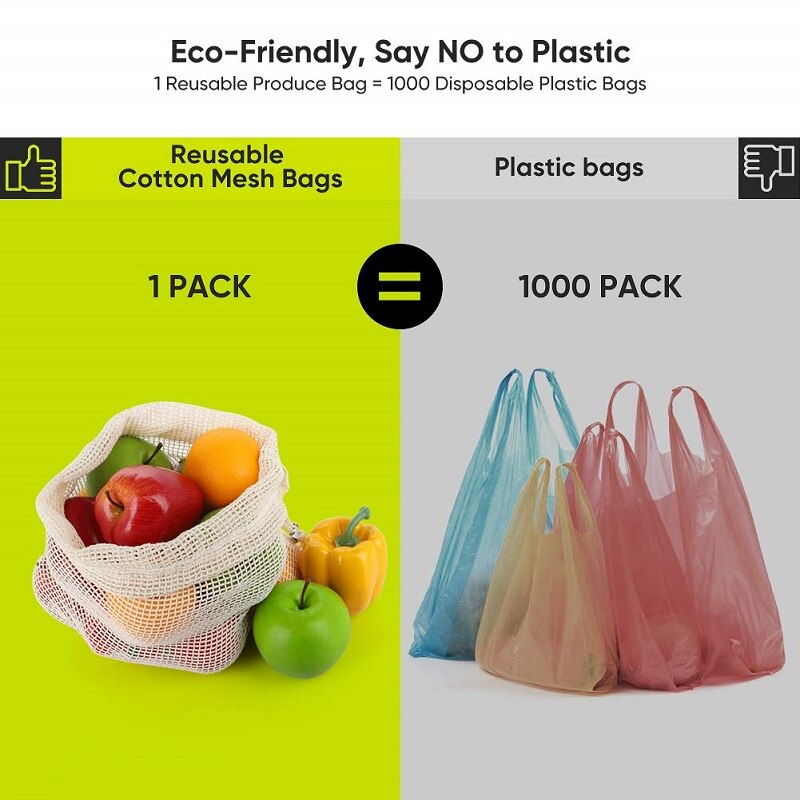 Reusable Organic Cotton Produce Bags Cotton Mesh Bags Biodegradable Eco-Friendly Shopping Storage Bag for Fruit, Vegetable, Toys