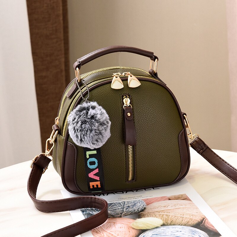 Solid Color Women Shell Bag Portable Shoulder Bag PU Leather Female Bag With Gray Hair Ball