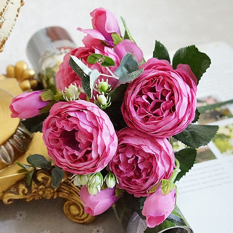 roze grote pioen kunstbloemen elegante mooie zijden nep bloemen blossom pioenen bruiloft home party decoratie blad: 3