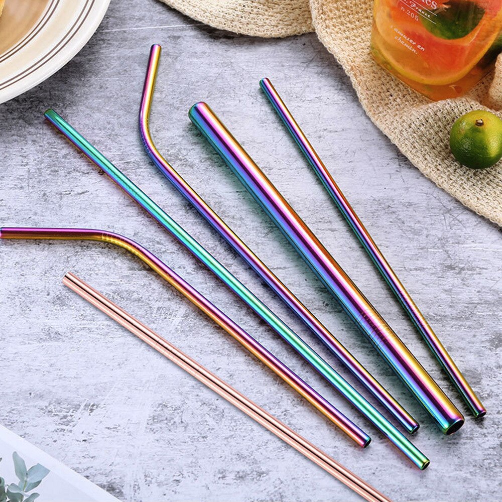 Rainbow Color Reusable Metal Straws Set With Cleaner Brush 304 Stainless Steel Drinking Straw Milk Drinkware Bar Party Accessory