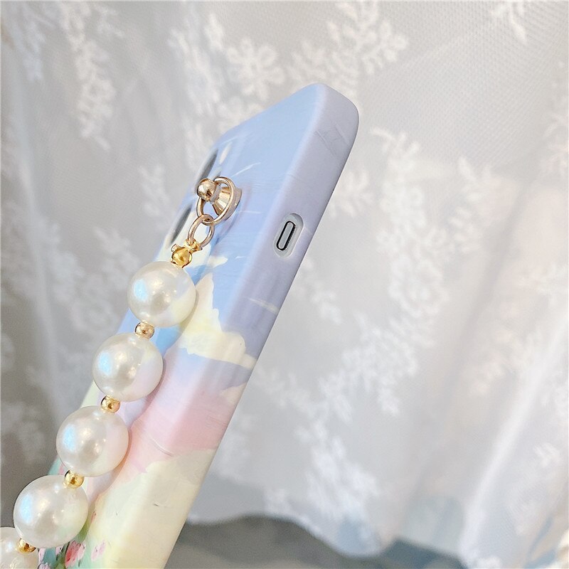 Parel Rhinestone Pols Landschap Zee Bloemen Case Voor Iphone 12 11 Pro Max X Xr Xs Max 7 8plus SE2020 Beschermhoes