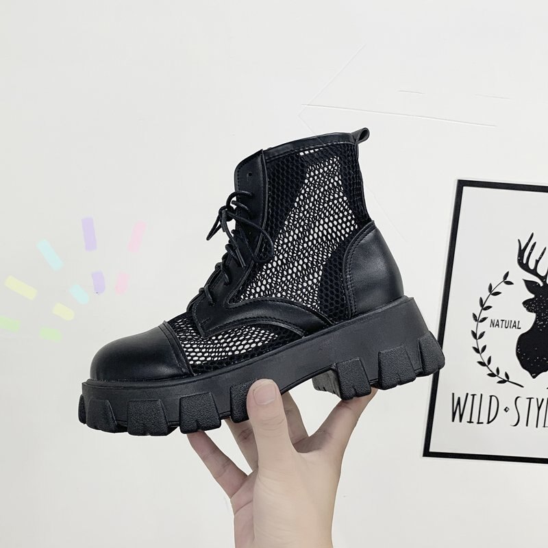 Vrouwen Laarzen Zwart Mesh Laarzen Punk Gothic Vrouwen Enkel Schoenen Platform Schoenen Vrouwen Zomer Koel Laarzen Dames