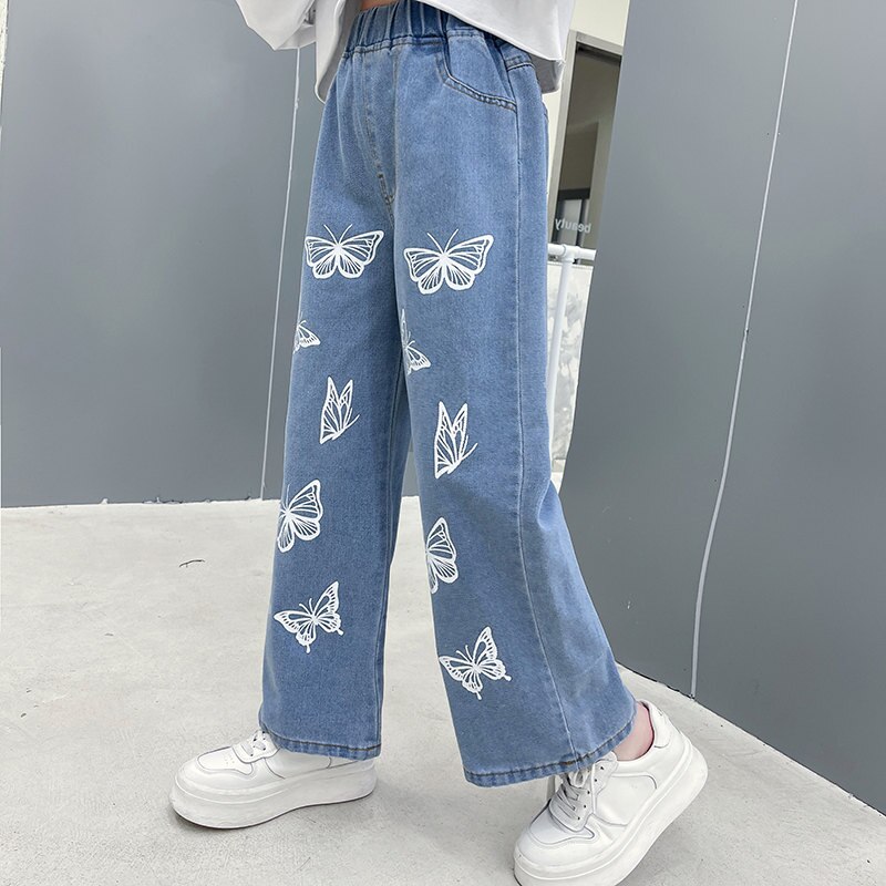 Jean imprimé papillon pour fille, pantalon en Denim à jambes larges, Style décontracté, vêtements pour enfants de 6 8 10 12 13 ans, printemps-automne