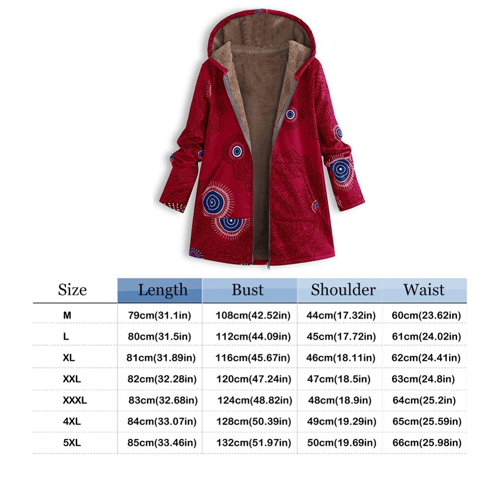 Womens Casual Winter Coat jacket Warm velvet Outwear Floral Print Hooded Pockets Zipper Print Ethnic Style Outwear
