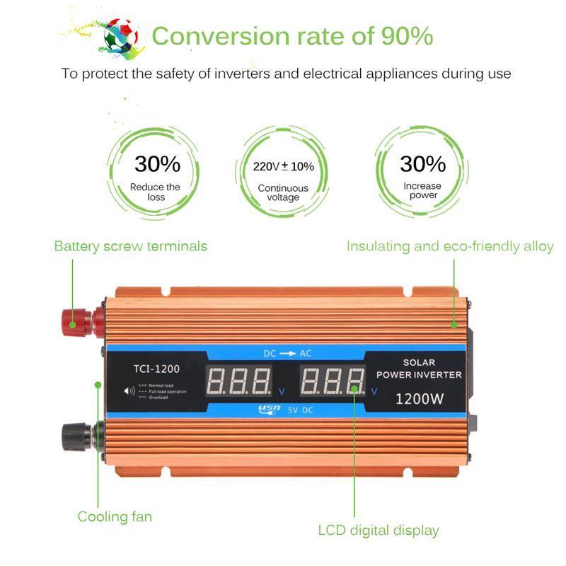 700W Pure Sine Wave Car Power Inverter 1200W Peak Power DC 12V To AC220V With LCD Display