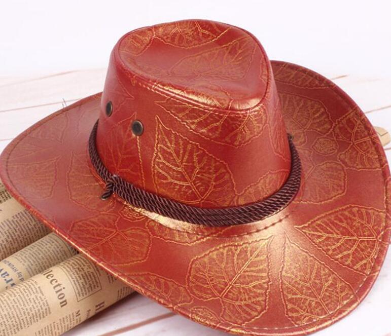 Classical Western Cowboy Hat For Men Women PU Leather Wide Brim Outdoor Jazz Sunhat Adjustable