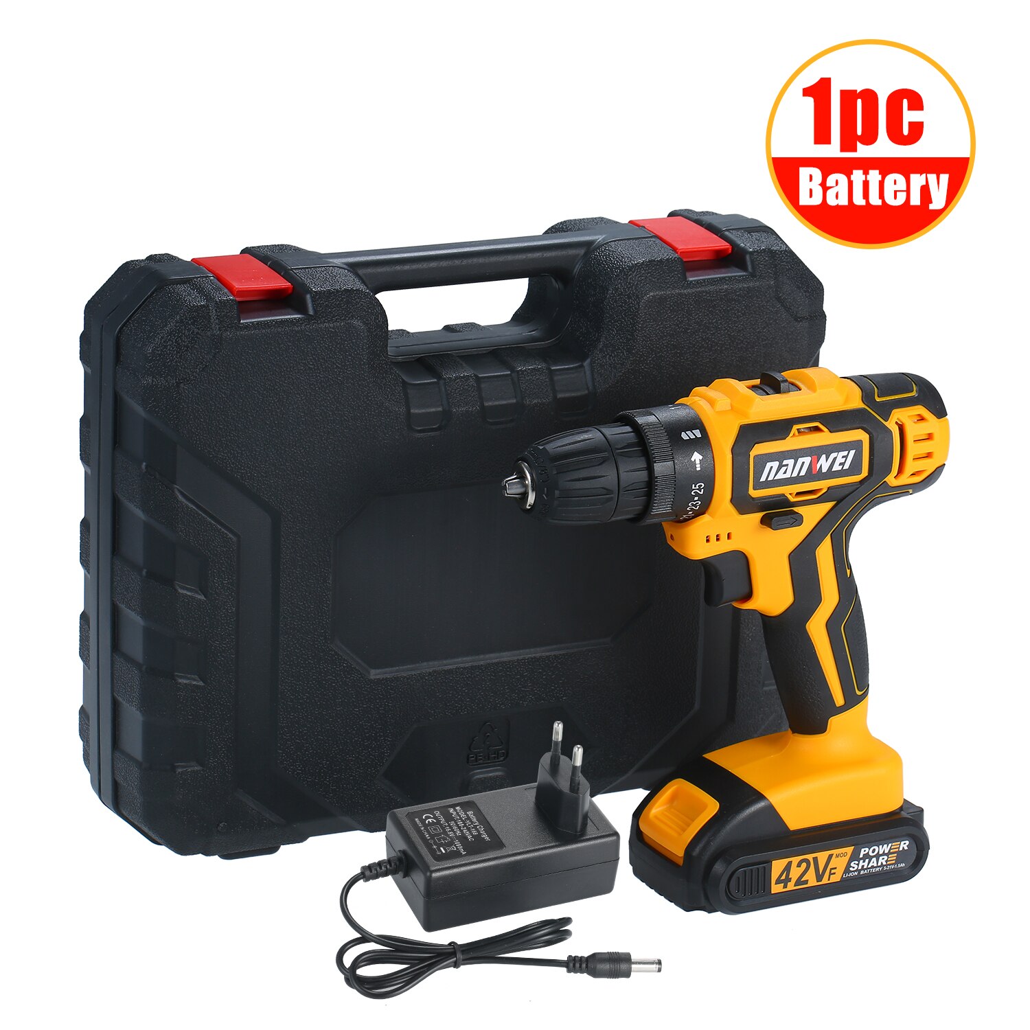 2-Speed Cordless Drill Driver Li-ion Battery Fast Charger 25+1 Clutch Max 35Nm Torque Variable Speed with LED Light Drilling: One battery set / US