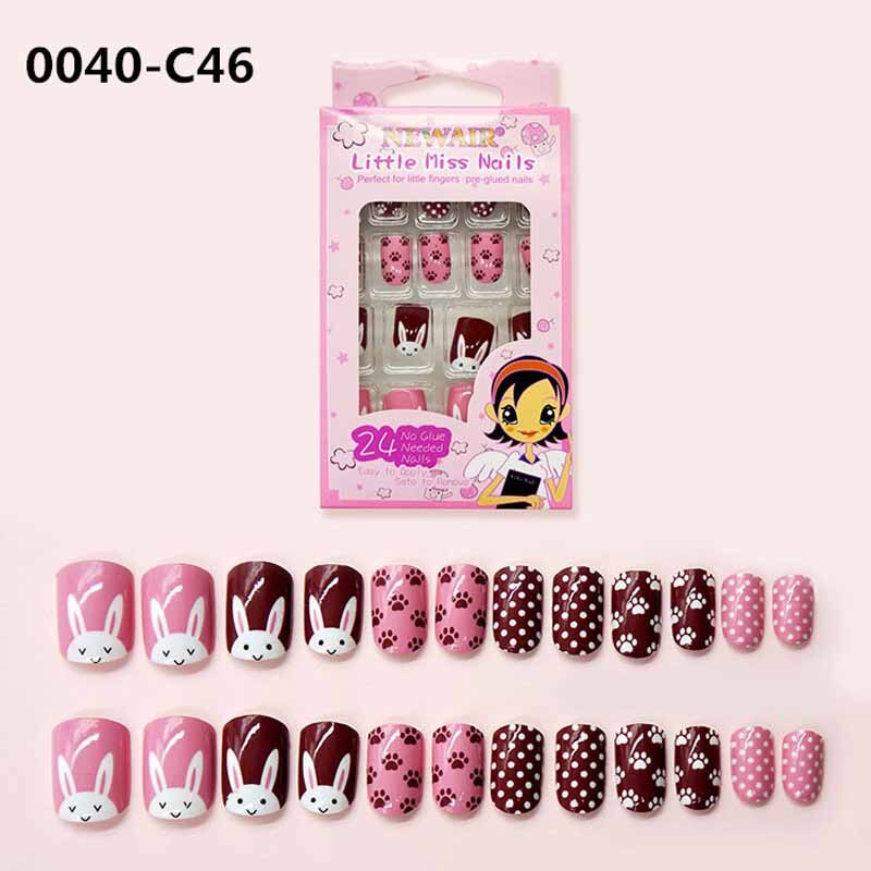 Boîte de faux-ongles courts à pression pour enfants, couverture complète, style différent avec un motif, 24 pièces/boîte, avec colle