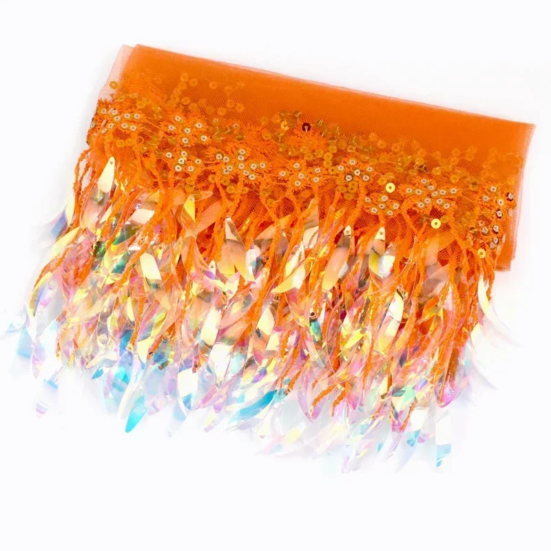 Meetee-flecos de lentejuelas de 15cm, adornos de encaje de malla para coser vestido latino, ropa de boda, recorte de flecos decorativos, 2-10 yardas: L / Naranja