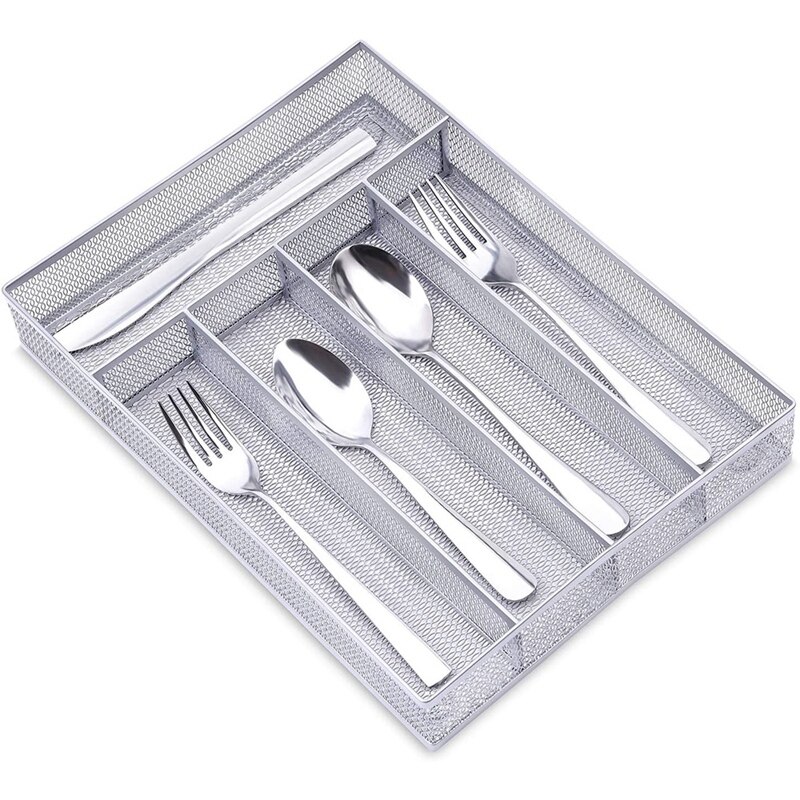 Cutlery Tray Organiser,Utensil Drawer Storage Organizer,Metal Mesh Organiser Tray with Anti-Slip Feet: silver