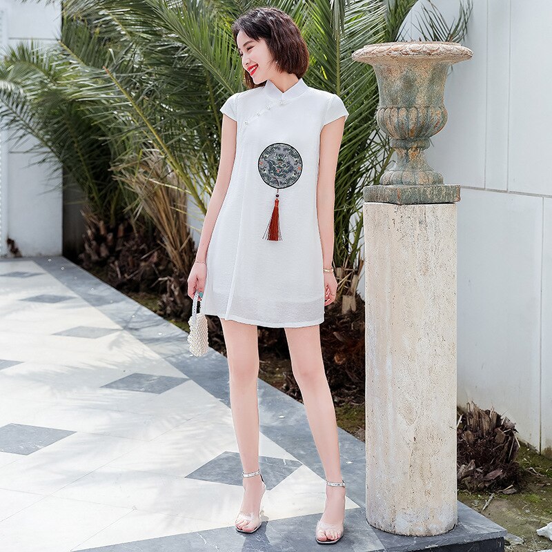 Qipao-vestido chino blanco con flecos para mujer, Vestido corto moderno con flecos, de talla grande Ropa, estilo veraniego,