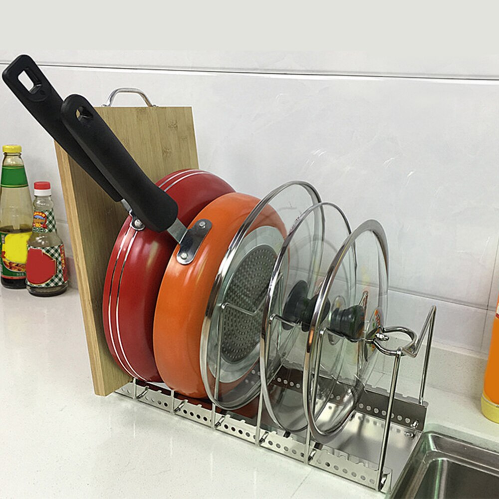 Sartén metálica ajustable, organizador de tapas para ollas, escurridor de platos, soporte para tabla de cortar, soporte de cocina, soporte para armario, bandeja de drenaje de almacenamiento
