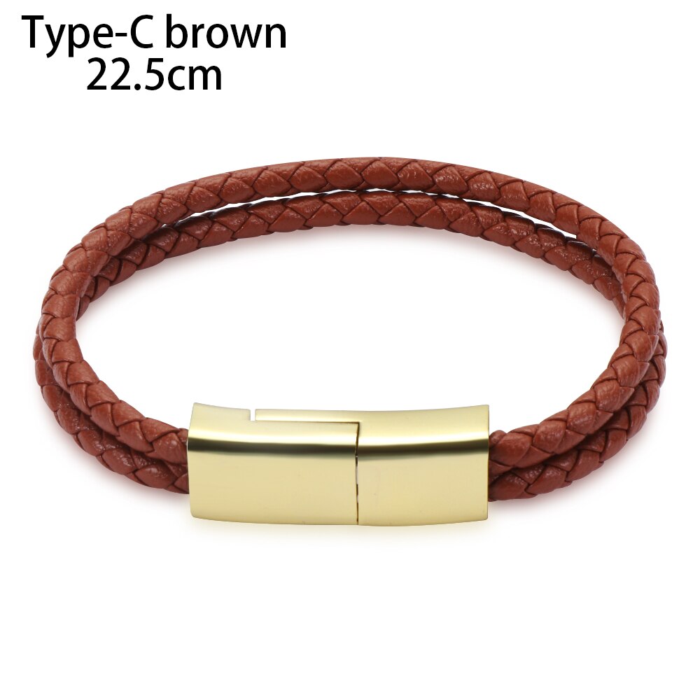 1 Pc -Styling Leather Bracelet With Micro USB Type C USB Data Sync Charging Fast Charge Cable Wristband For Android: Type C Brown 22.5