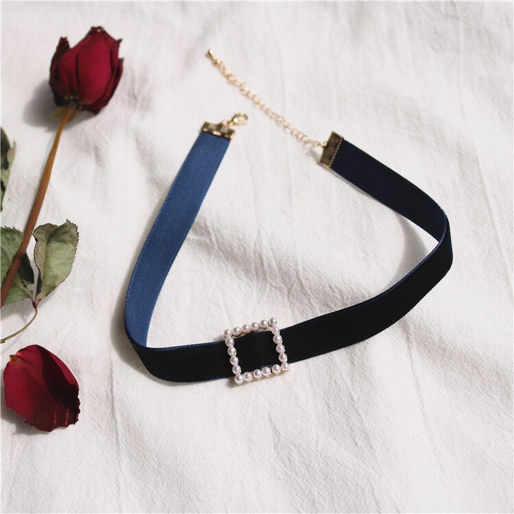 Vintage Pearl Velvet Chokers naszyjniki dla kobiet dziewczyn śliczne Retro geometryczne serce kołnierz naszyjnik biżuteria sztuczna hurtownia prezent: N0460 Blue Square