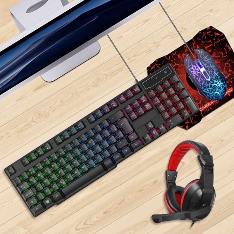 Students Working Computer Gaming Keyboard Mouse Headphones Mouse Pad Set 3600DPI Waterproof Illuminated (Multi Color)