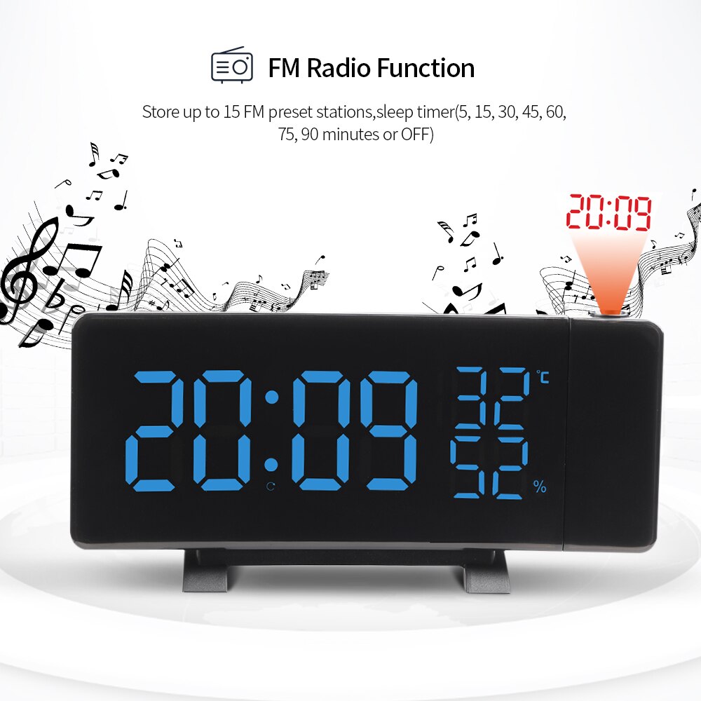 FM Radio Projection Alarm Clock With Dual Alarms Snooze Function 2 USB Charging Port Large Display Thermometer Sleep Timer Clock