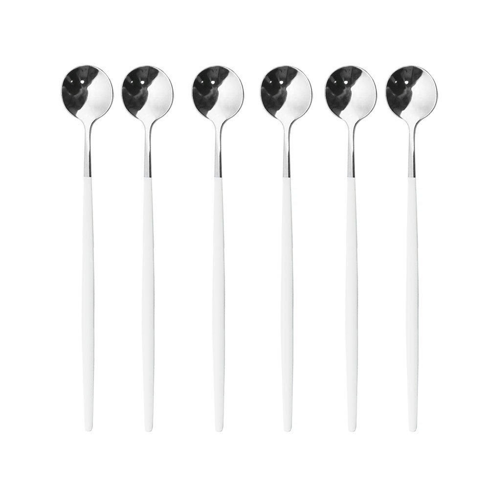 6Pcs Rainbow Long Hangdle Spoon For Polished Stirring Drink Dessert Ice Cream Spoon Cutlery Flatware Steainless Steel Tableware: White Silver