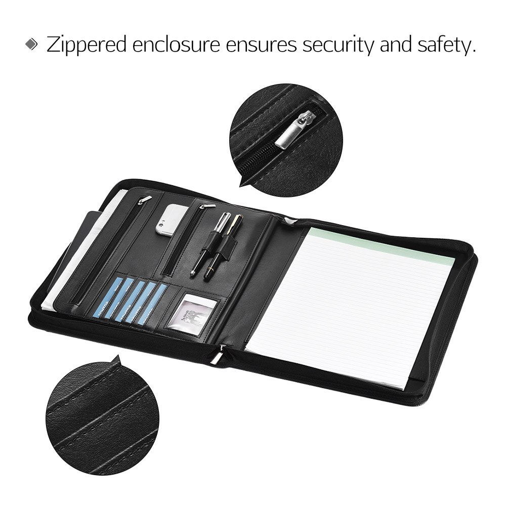 A4 Portfolio Zippered Multifunctional Padfolio File Organizer with Writing Pad Card Pockets for Business Office