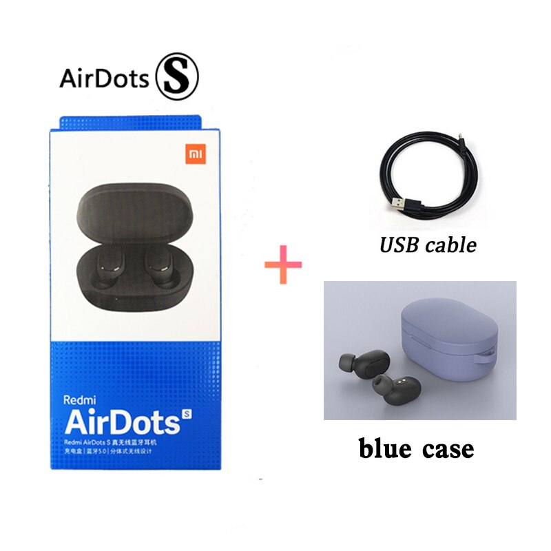 Original Xiaomi Airdots S Tws Redmi Airdots S Earbuds Wireless Earphone Bluetooth 5.0 Gaming Headset With Mic Voice Control: blue case cable