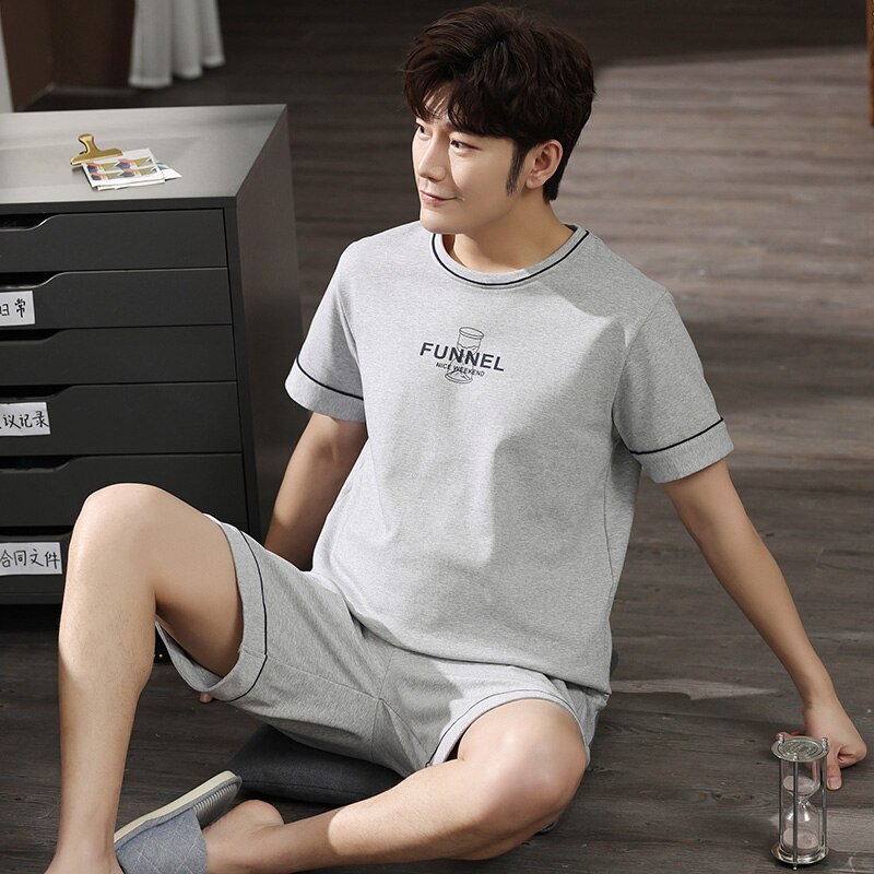 Summer Men Pajamas Set Knitted Cotton Sleepwear Short Sleeve Round Neck Pijamas Loose Plus Size L-4XL Men's Clothing Tracksuit