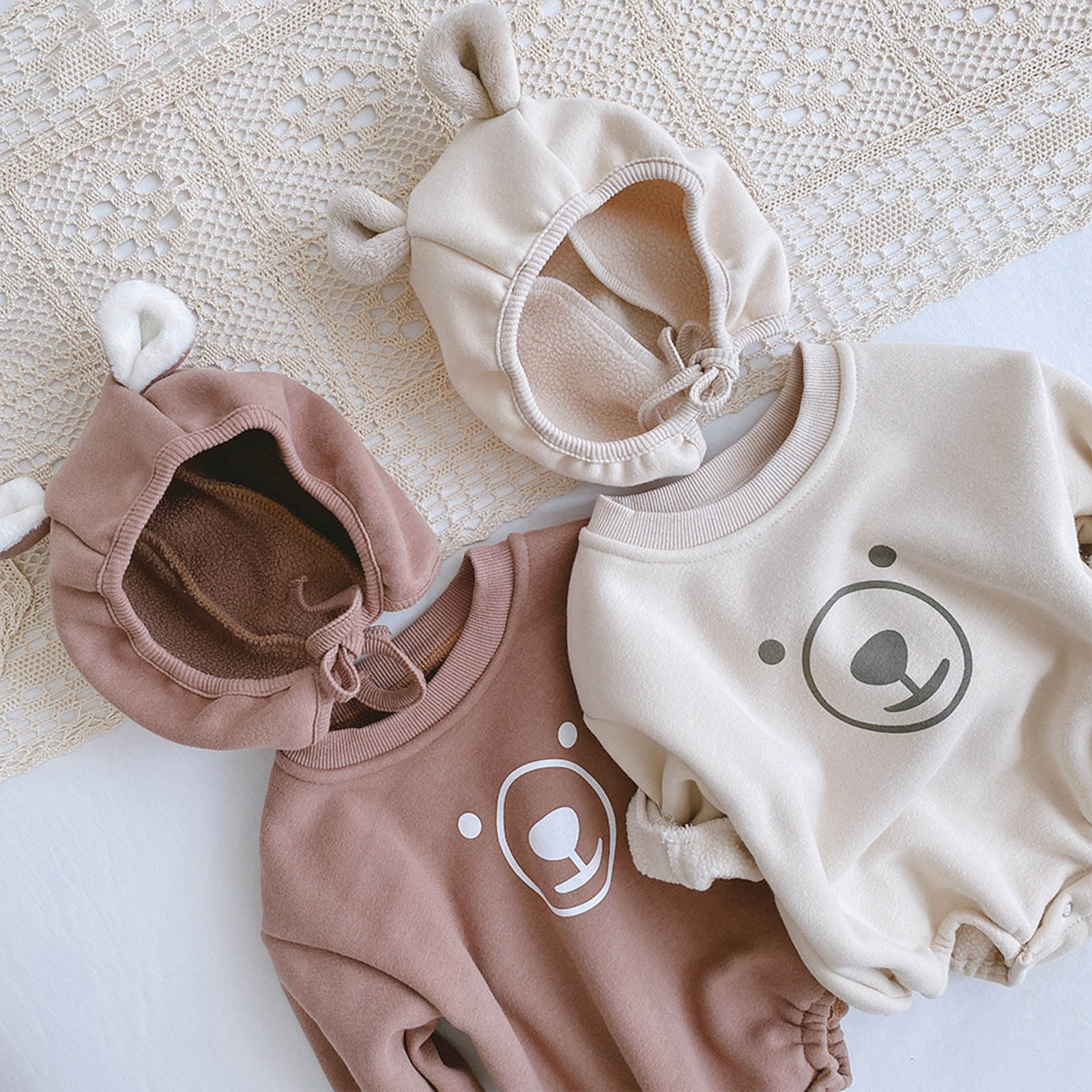 Baby Jongens Meisjes Cartoon Beer Print Romper Lange Mouw Bodysuit Met Hoed Katoen Kids Baby Winter Plus Fluwelen Dikker Jumpsuits