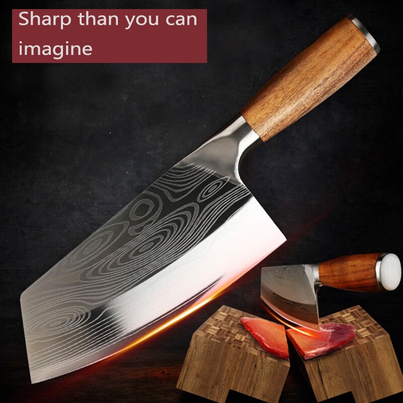 MHNTLOS Traditional Handmade Forged Kitchen Knife Hammer Stainless Steel Chef's Chopper Cooking Knives Wooden Meat Slicer