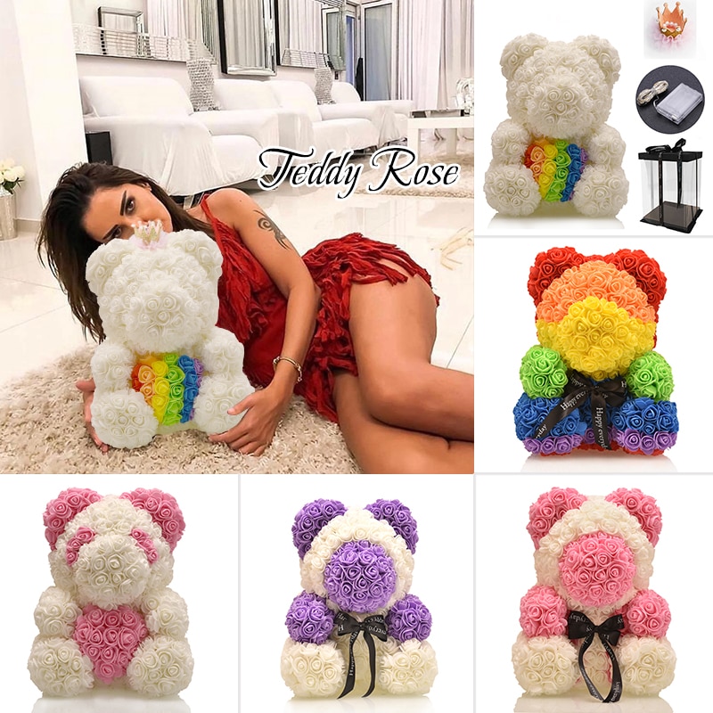 Großen Regenbogen Bär von Rosen mit Kasten 38cm 3D Schaum Rosen Bär Teddybär Kostüm Seife Blume Weihnachten