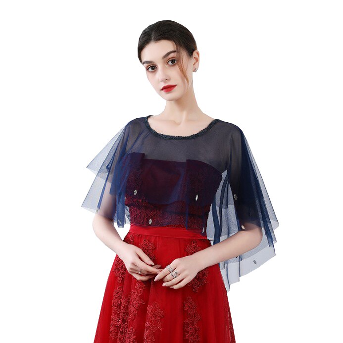 Zomer rode blauwe tule bruidsomslagdoeken sjaal dames avond cape bolero strass bruidsjurk bruiloft feest jassen omslagdoek: Marineblauw